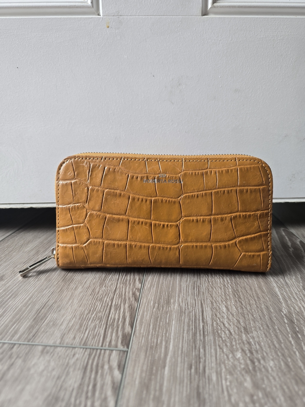 Roberta Rossi Milano Croc Embossed Leather Zip Around Wallet Cognac Made Italy